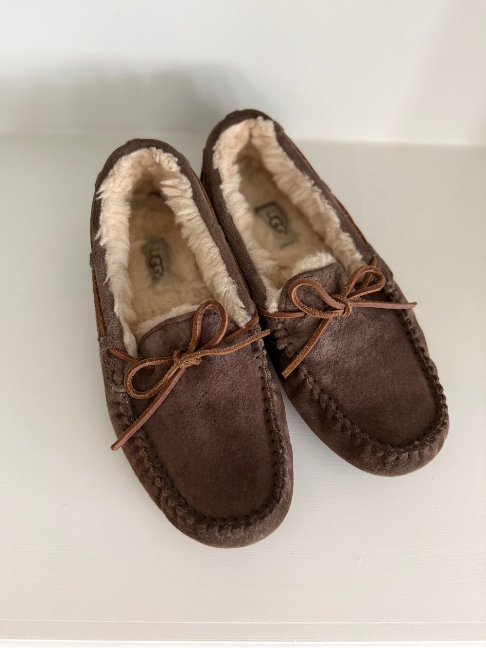 UGG Brown Suede Shearling Moccasins with Leather Bow
